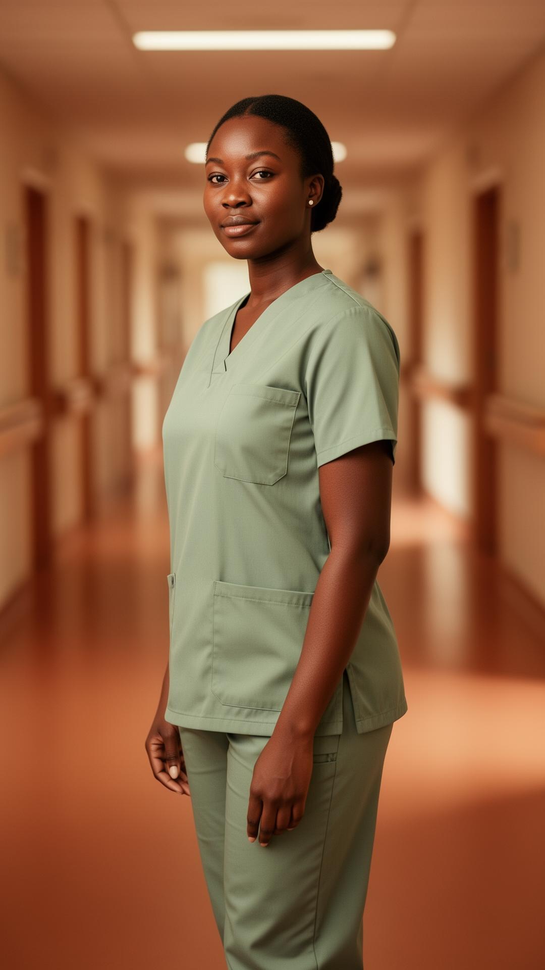 South African nurse in sage scrubs